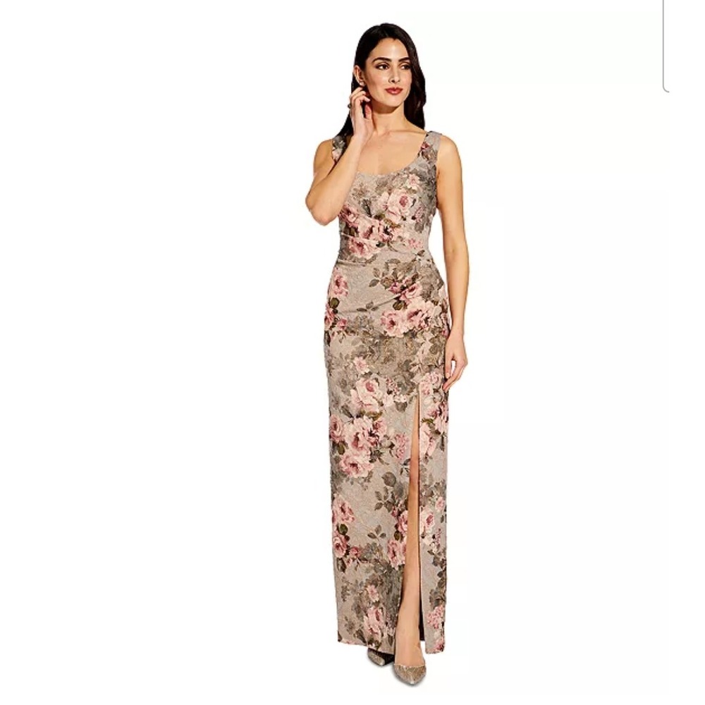 Adrianna Papell Beige Floral Maxi Dress with Pink Roses